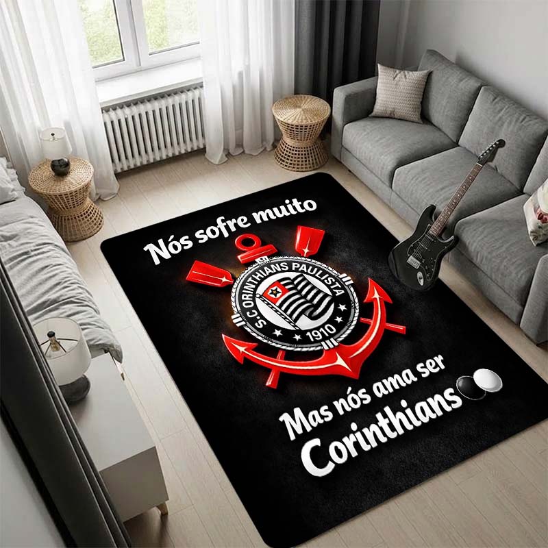 Corinthians Paulista Black Area Rug with Team Emblem, Non Slip Floor Mat for Living Room Bedroom, Football Fan Home Decor
