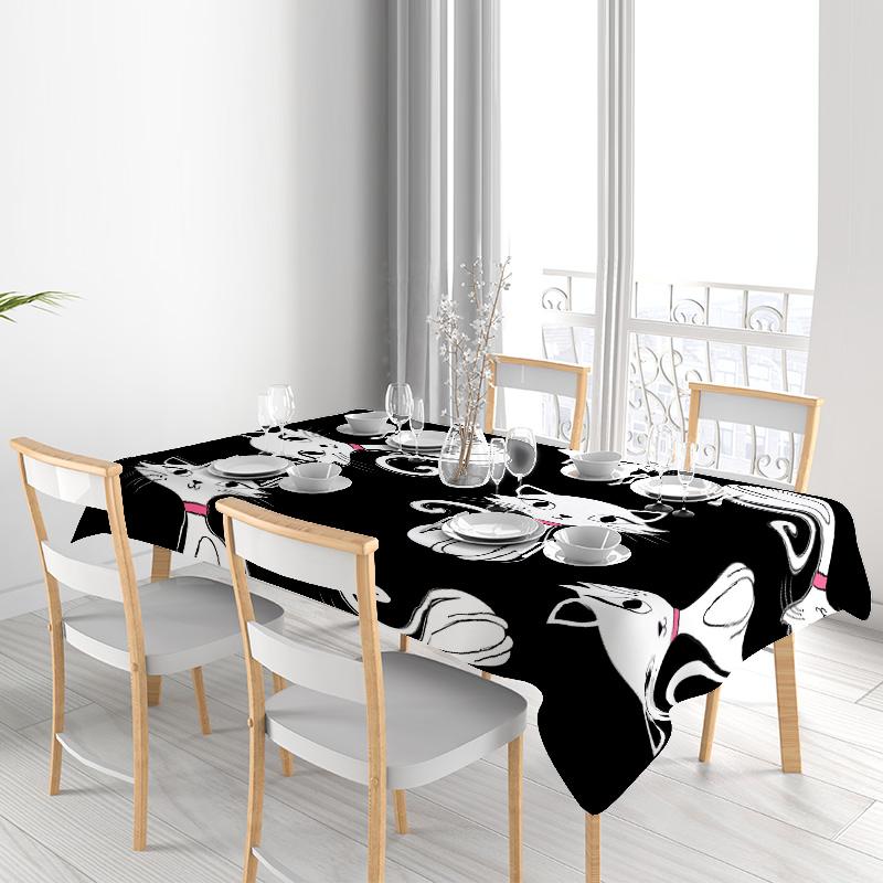 Modern Cats Tablecloth High-Quality Polyester Print Decorative Black White Patterned Kitchen Mat for Dining Room Use – 140x230cm