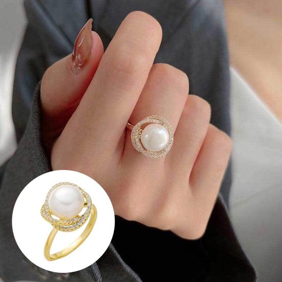 Crossed Bling Rhinestone Elegant Open Adjustable High Gloss Faux Pearl Finger Ring Jewelry