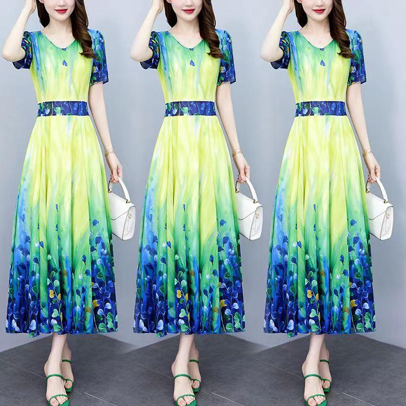 Женское летнее платье, большое шифоновое платье M-5XL, женское платье, утягивающее и утягивающее талию, платье с принтом
