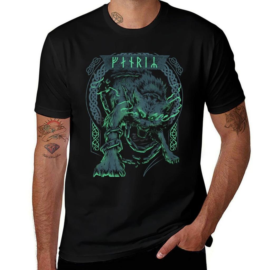 Fenrir Wolf Norse Futhark Runes Viking Mythology Ragnarok Green Tshirt Holiday Vacation Tee Shirt Tshirt