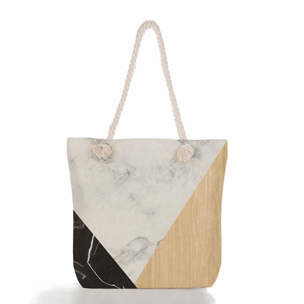 Marble green leaves print thick rope single-shoulder beach bag 7273 CLE