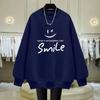 Women's Round Neck Sweatshirt Loose Plus Velvet Thickened Autumn and Winter New Korean Version Letters Smiling Mid-length Top