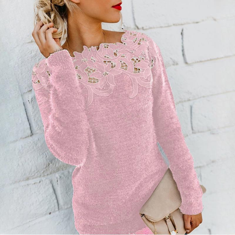 QICED Женский однотонный свитер с длинными рукавами и кружевом в стиле пэчворк