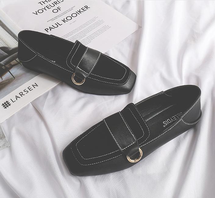 Новые весенние женские туфли в корейском стиле с неглубоким воротом и плоским квадратным носком, одна педаль, ленивые кожаные туфли, гороховые туфли