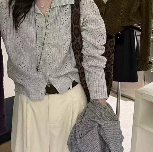 Korean Style Women's Hollow-Out Knit Lapel Top - Chic & Versatile Sweater