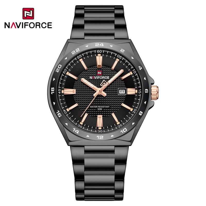 NAVIFORCE Уникальные мужские кварцевые часы Часы Отображение даты Стальной ремешок Водонепроницаемость 3 АТМ Светящаяся стрелка Мужские часы