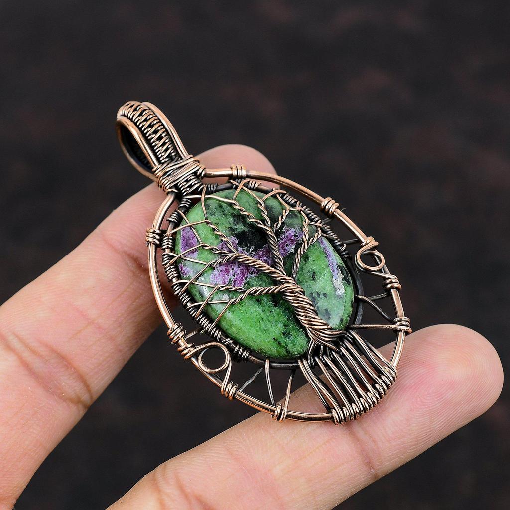 Кулон Древо Жизни из меди с рубином и цоизитом, обмотанный медной проволокой, украшение ручной работы, кулон с драгоценным камнем, красивые медные украшения, свадебный подарок
