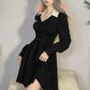 Осеннее женское винтажное черное платье, весенние платья с воротником-поло и длинными рукавами