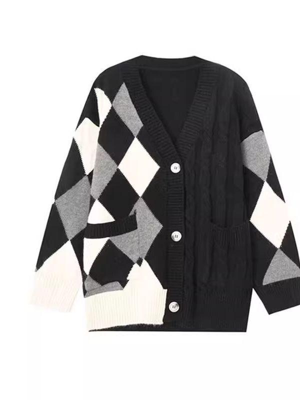 Женский кардиган средней длины с цветными блоками, ромбовидной вязкой — свободный, ленивый стиль