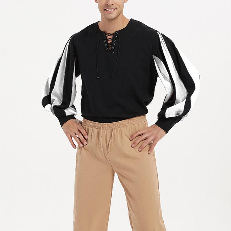 Летняя мужская винтажная свободная рубашка рыцаря со шнуровкой и длинными рукавами, средневековая драматическая рубашка для выступлений