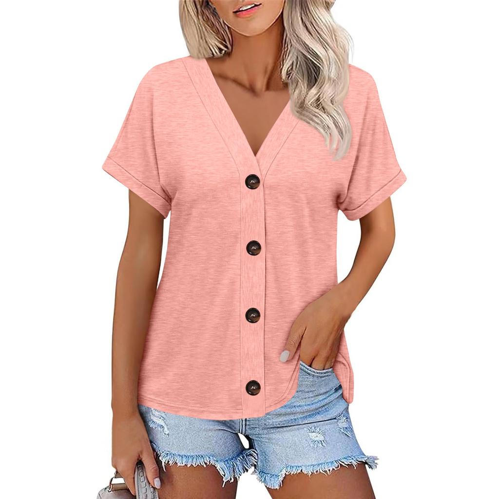 Women's Fashion Short-sleeved V-neck Solid Color Top Casual Button T-shirt