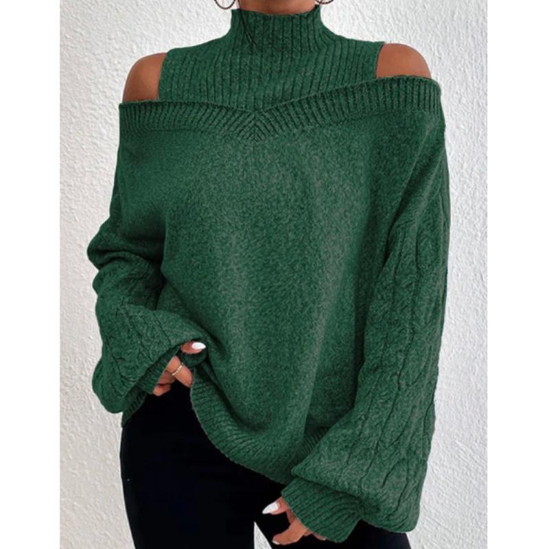 Женский свободный зимний свитер с открытыми плечами и полувысоким воротником Вязаный свитер женский