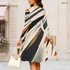 Women Plus Size Round Neck Long Sleeve Printed Blue White A Line Flared Dress