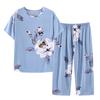 2 Pcs/Set Mid-aged Women Pajamas Set O Neck Flower Print Short Sleeve Elastic Waist Pleated Loose Thin Wide Leg Soft Sleepwear