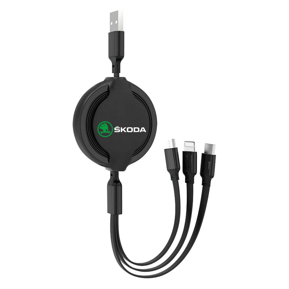 BATB7 Retractable USB Cable Phone Fast Charger 3-in-1 Multi-head Charging Cable For Skoda Rapid Scala Kodiaq Fabia Karoq Octavia 3 VII