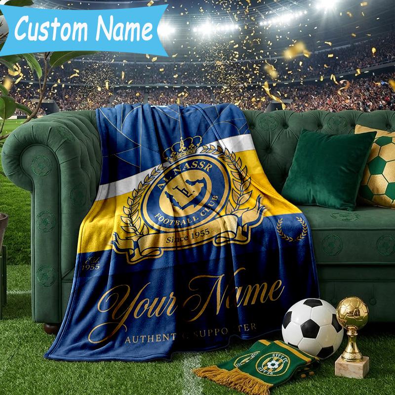 Custom Name Al Nassr Football Club Crest Flannel Blanket, Use for Birthday/Holiday Gift, Soft Blanket for Sofa/Bed/Camping/Office, Home Decor
