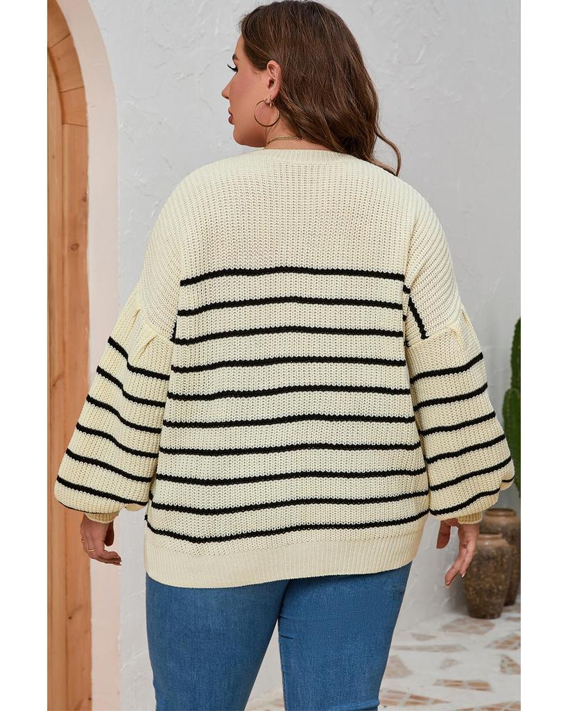 Azura Exchange Khaki Plus Size Striped Drop Shoulder Puff Sleeve Sweater