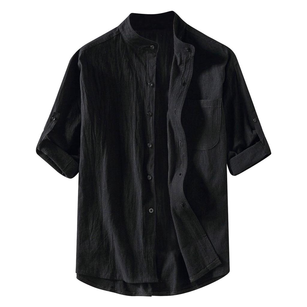 Мужская летняя рубашка с воротником-стойкой и пятью точками со средними рукавами, свободный однотонный топ из хлопка и льна