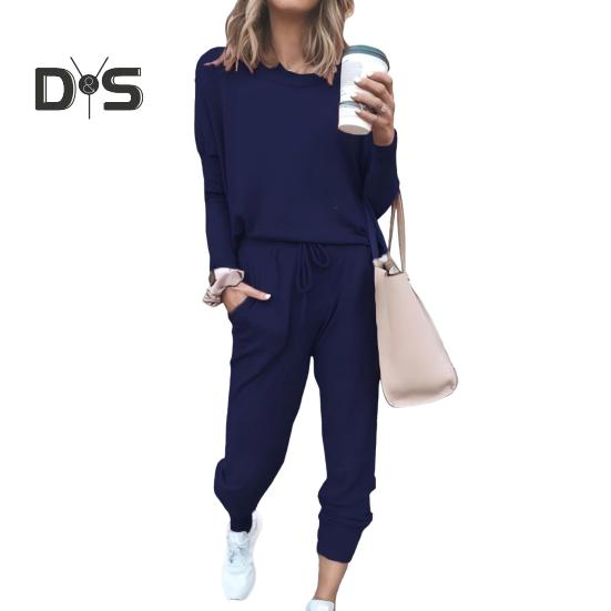 2 Pcs/Set Women Top Pants Suit Crew Neck Long Sleeves Solid Color Sleepwear Sport Sweatshirt Drawstring Elastic Waist Trousers Fitness Outfit Fall