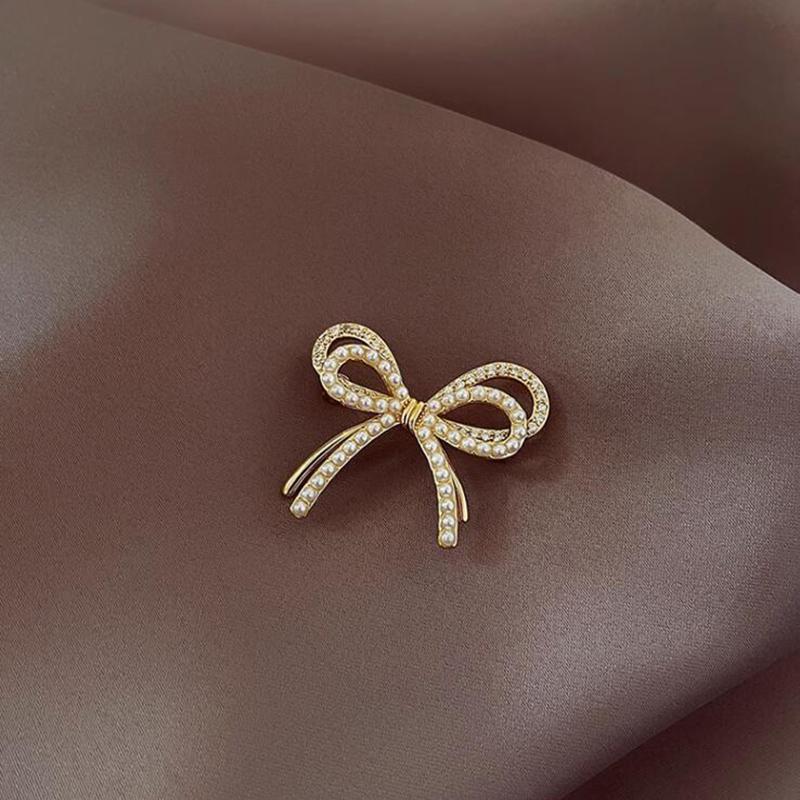 Ins Style Bowknot Pearl Light Luxury Brooch High-End Female Anti-Light Corsage Fixed Clothes Pin Jewelry Accessories