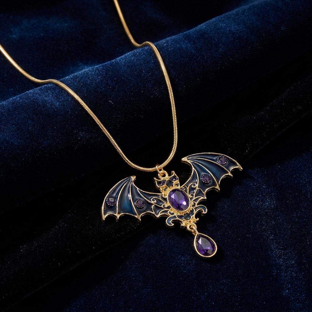 Vintage Rhinestone Bat Pendant Necklace for Women Gothic Halloween Statement Necklace Evening Party Jewelry Gifts