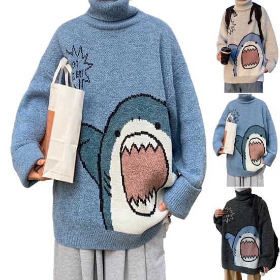 Мужской зимний свитер с высоким воротником и защитой шеи с длинными рукавами, толстый вязаный теплый свободный осенний свитер с мультяшным принтом акулы для школы