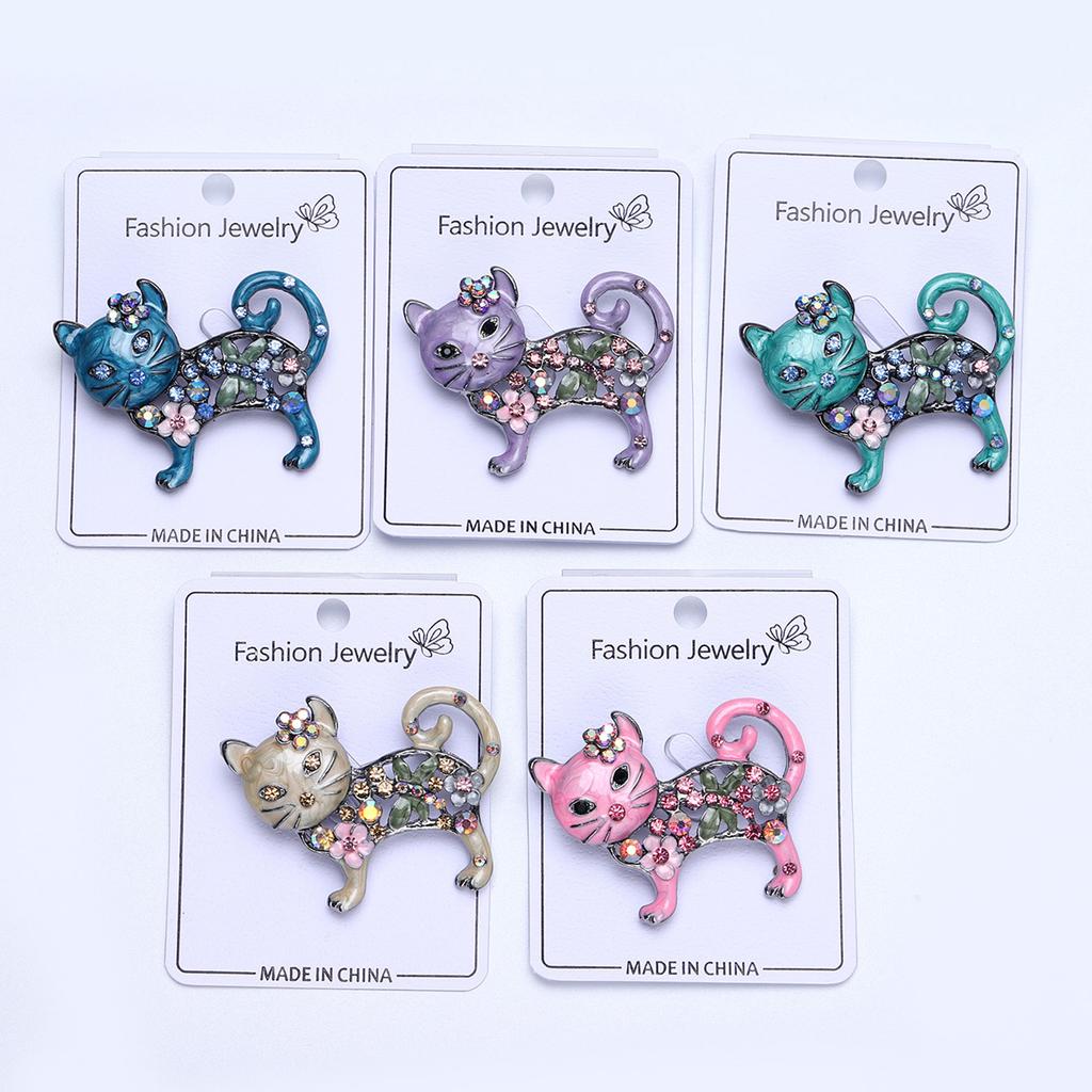 Lovely Enamel Cat Brooch Women Rhinestone Flower Animal Corsage Pins Gifts