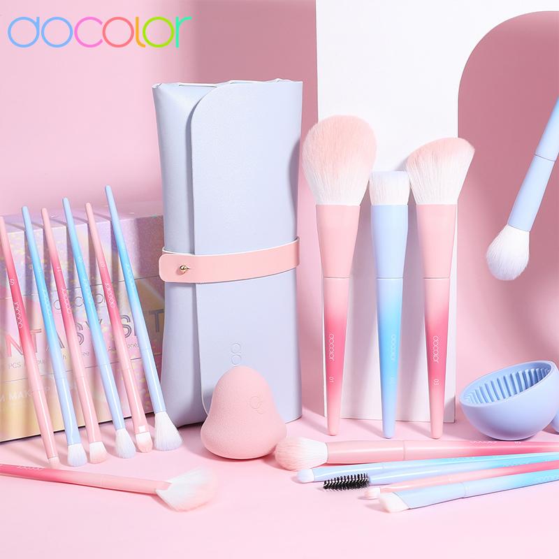 Docolor Набор кистей для макияжа, 16 шт. + спонж + чистящая подушечка, синтетическая тональная основа премиум-класса, консилеры, тени для век, кисть для макияжа, с сумкой