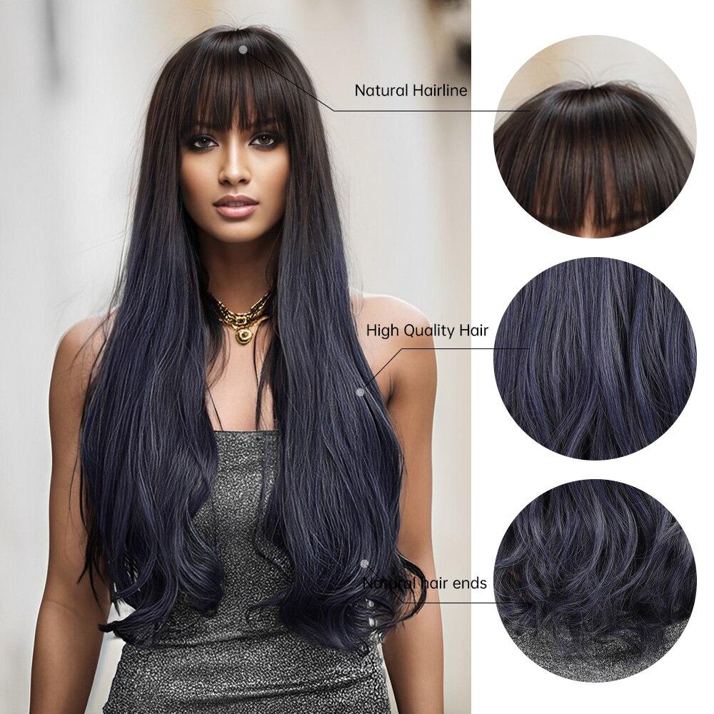 LOUIS FERRE Длинные волны Ombre, черные, синие парики с челкой для чернокожих женщин, натуральный синтетический парик для вечеринок, повседневный термостойкий парик
