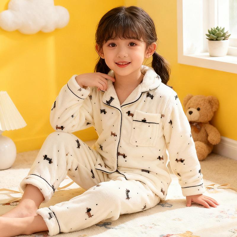 Kids Flannel Pajamas Set Boys Girls Warm Long Sleeve Top And Pants Sleepwear Winter Home Nightwear