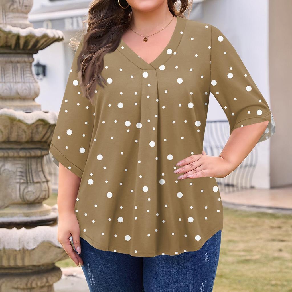 Women's Fashion Large Size Print V-Neck Three-quarter Sleeve Top
