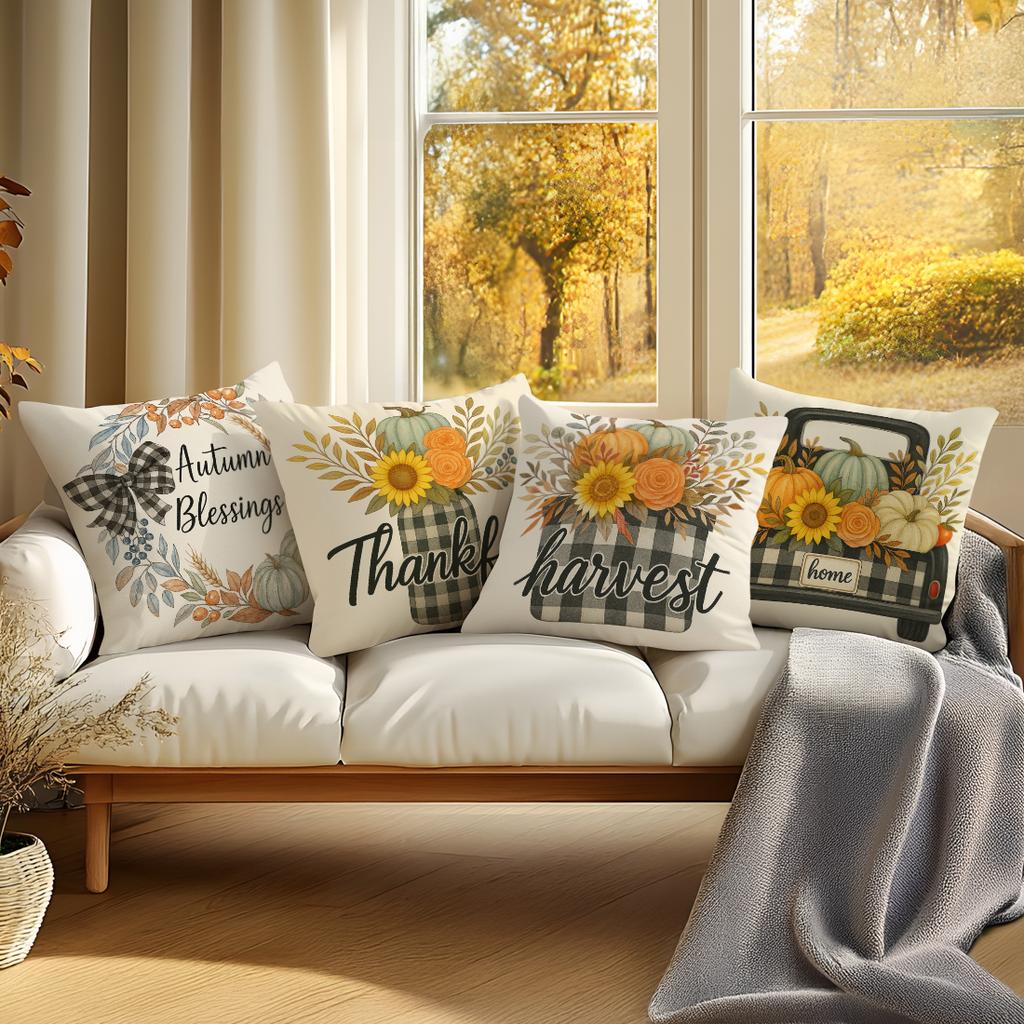 4Pcs/Set 45X45Cm Thanksgiving Retro Pumpkin Flowers Pillowcase Bedroom Sofa Living Room Cushion Cover 100% Polyester Home Decor