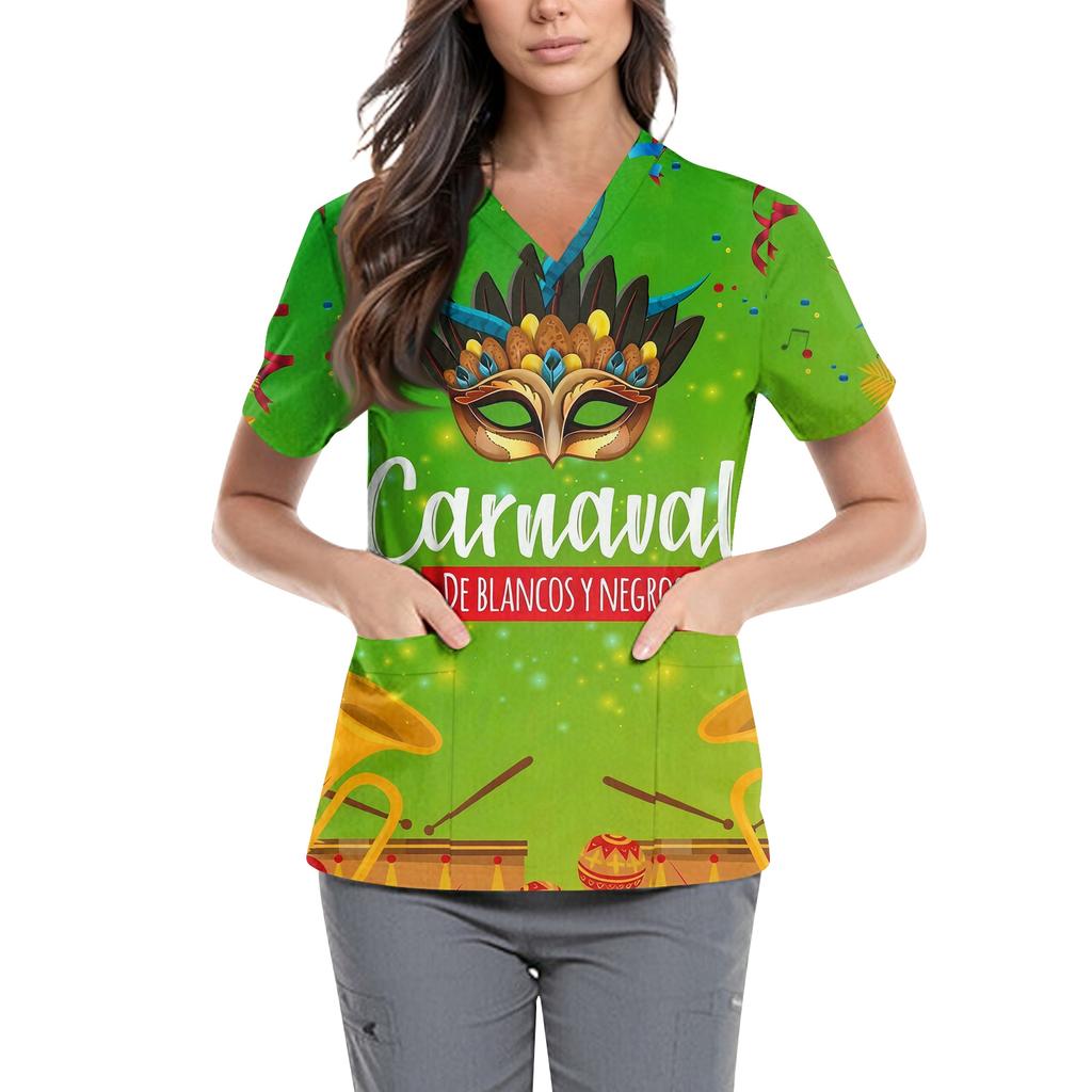 Women's Carnival Themed Outfit Party Mask Pattern Caregiver Top