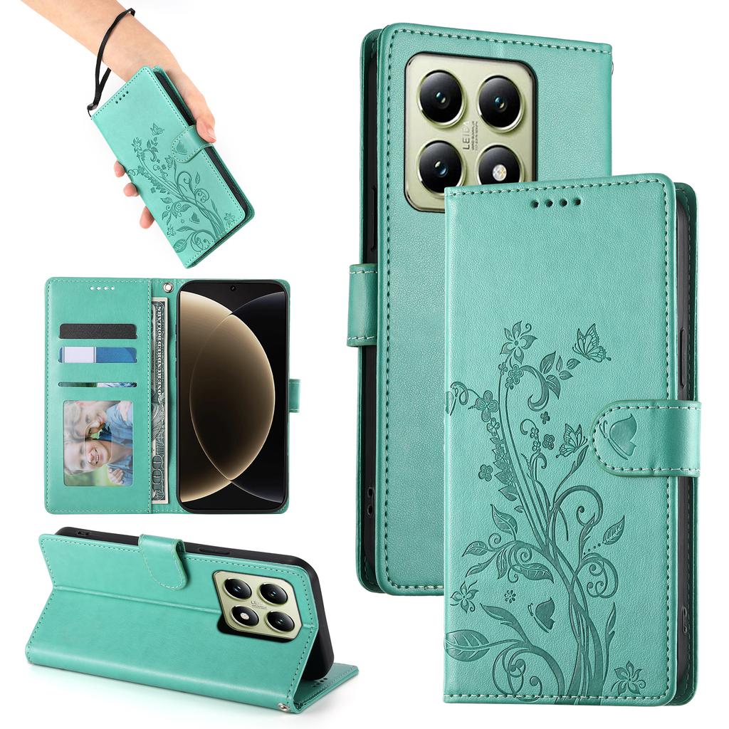 For Xiaomi 14T Wallet Case Butterfly Floral Imprint PU Leather Phone Cover with Wrist Strap
