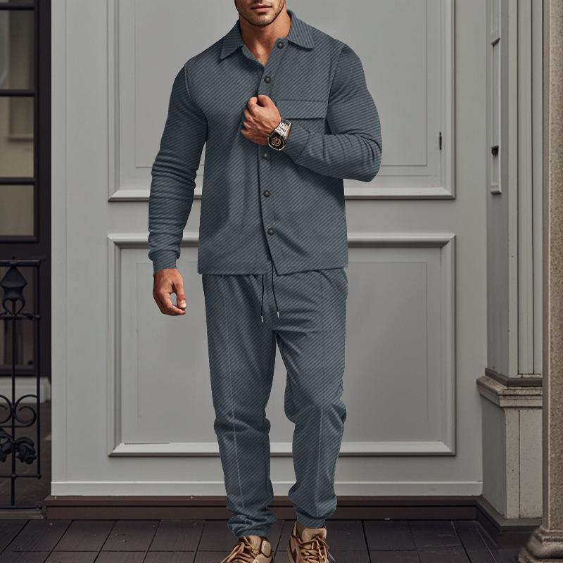 Men's Heavy Twill Jacket & Casual Pants Solid Color Jacquard Two-Piece Suit for Autumn/Winter