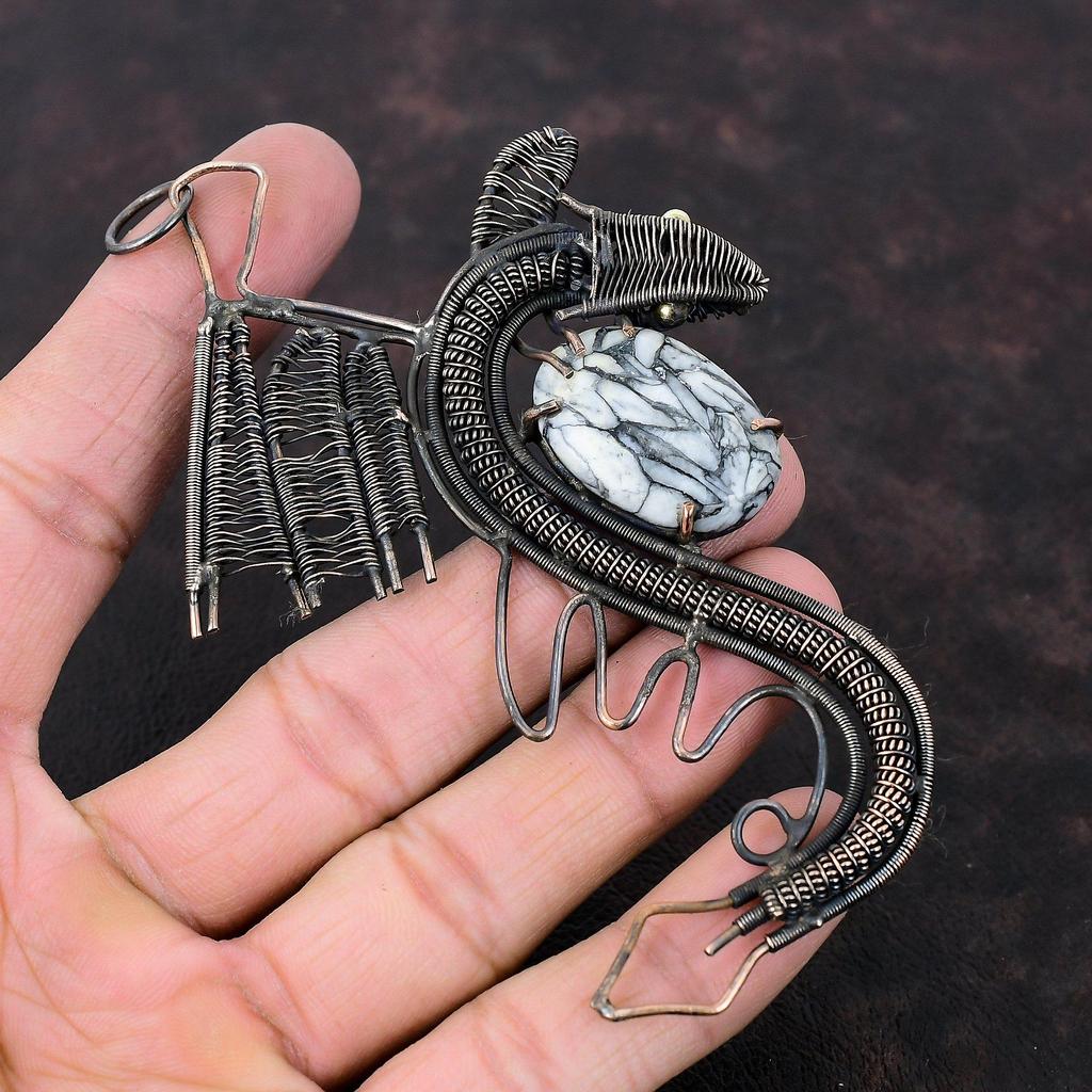 Подвеска из яшмы Pinolith, подвеска из медной проволоки, обернутая вручную, ювелирное украшение в виде дракона, потрясающий кулон из драгоценного камня, подарок для нее, ювелирное украшение из медной проволоки