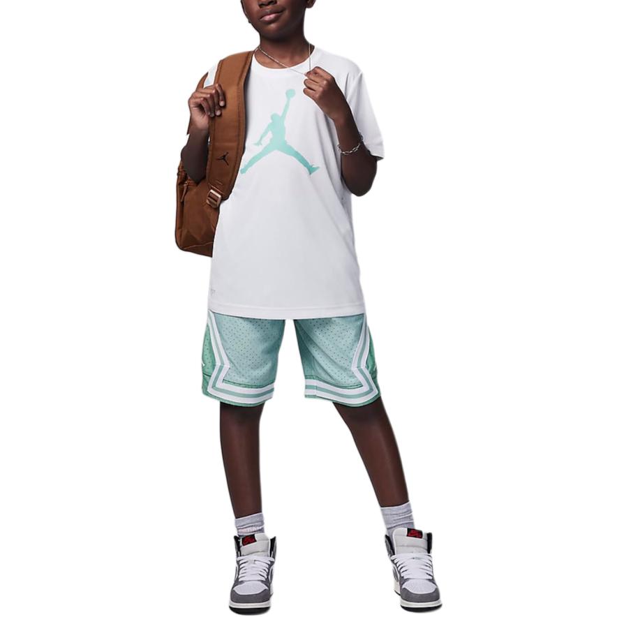 Jordan Dri-FIT Удобная, приятная на ощупь простая футболка с коротким рукавом с принтом для детей, топы белого, изумрудно-зеленого цвета HA2543-100