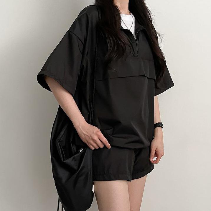 Два предмета свободный женский комплект женский летний спортивный костюм комплект с застежкой-молнией отложной воротник высокая талия шорты одежда