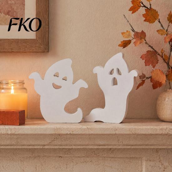 Unique Halloween Souvenir Gift Cute Ghost Wooden Table Sign, Spooky White Standing Rustic Wood Ornament Block Sign for Holiday Tiered Tray Centerpiece
