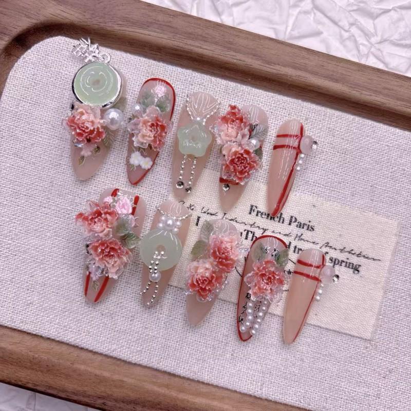 Handmade Gradient Pink Chinese Style Peony Nail Tips Medium Length Premium Acrylic Press-On Nails Women