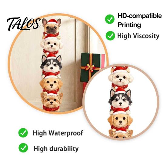 Christmas Wall Decals Puppy Stickers, Removable Self-adhesive Dog for Walls Doors, PVC Stacked Puppies Festive Indoor Murals Art Decor with Santa Hats