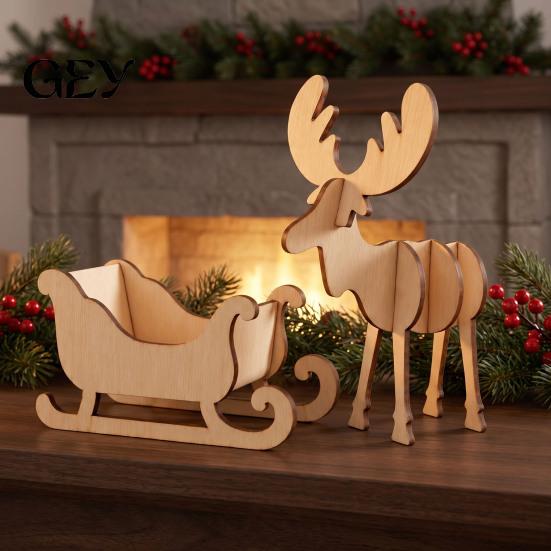 DIY Unfinished Elk Sleigh Decor Wooden Christmas and Tabletop Ornament, Wood Art Craft Festive And Model for Holiday Decoration, Creative Paintable