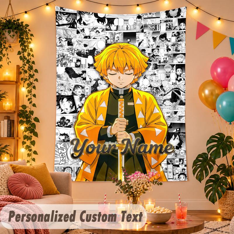 Zenitsu Agatsuma Personalized Wall Tapestry Custom Name Text Polyester Hanging Decor Home Room