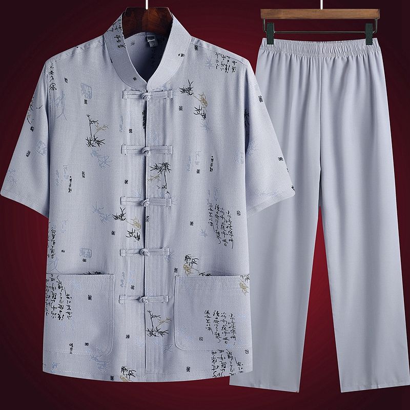 Мужской костюм Тан, повседневный костюм с короткими рукавами, летняя одежда для пап, людей среднего и пожилого возраста, ханьфу, китайский стиль, мужская летняя одежда