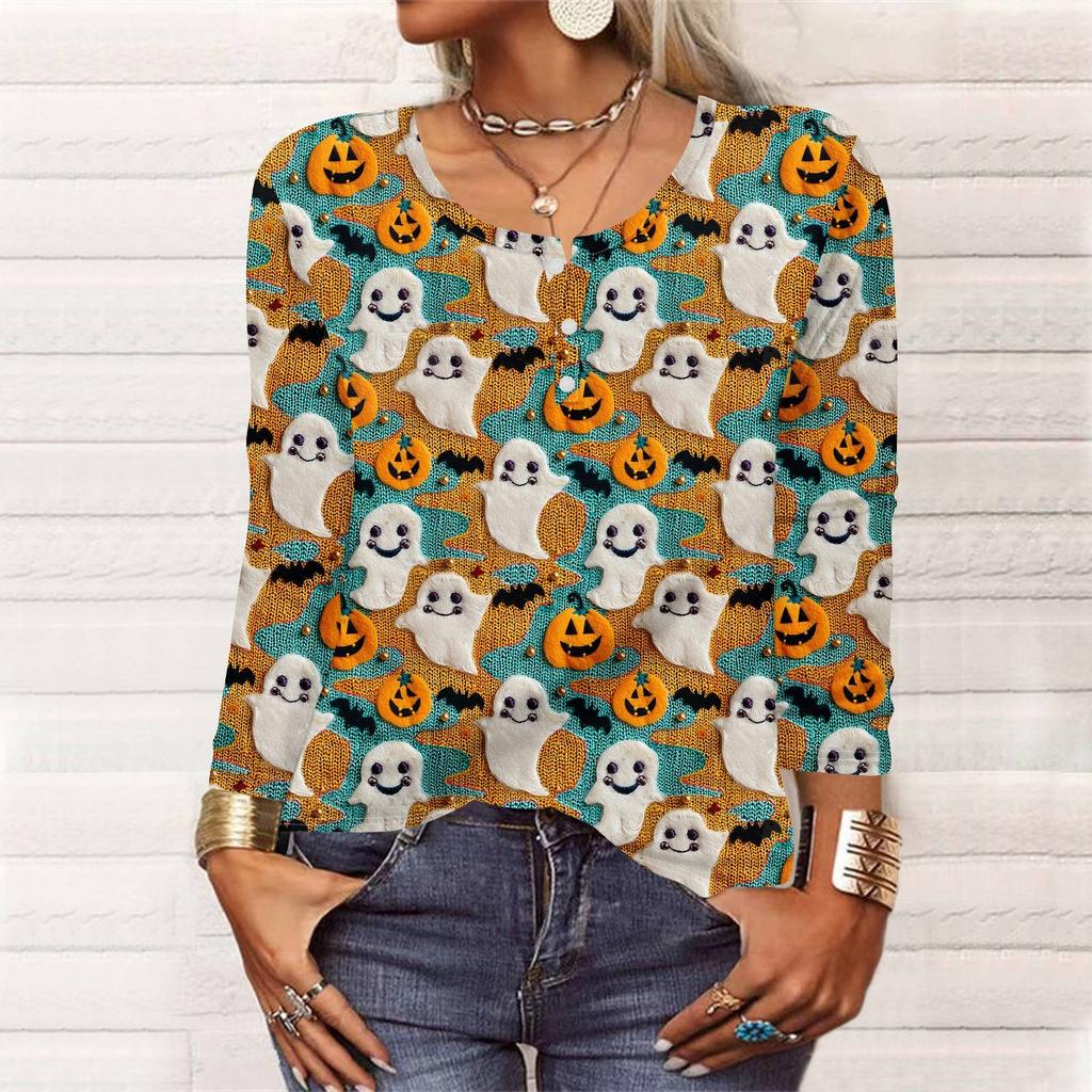 Рубашки с длинным рукавом для женщин, Хэллоуин с рисунком и графическим принтом, футболки, блузки, повседневные базовые топы больших размеров, пуловер