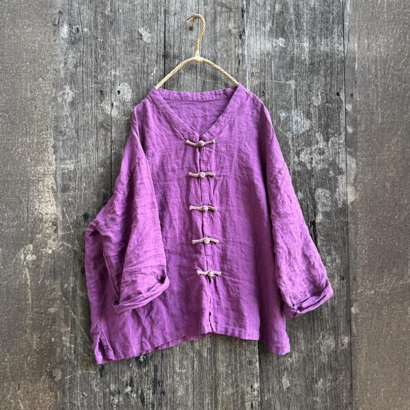 Johnature Женские винтажные рубашки однотонные стойка длинный рукав блузки осень пуговица свободный китайский стиль топ