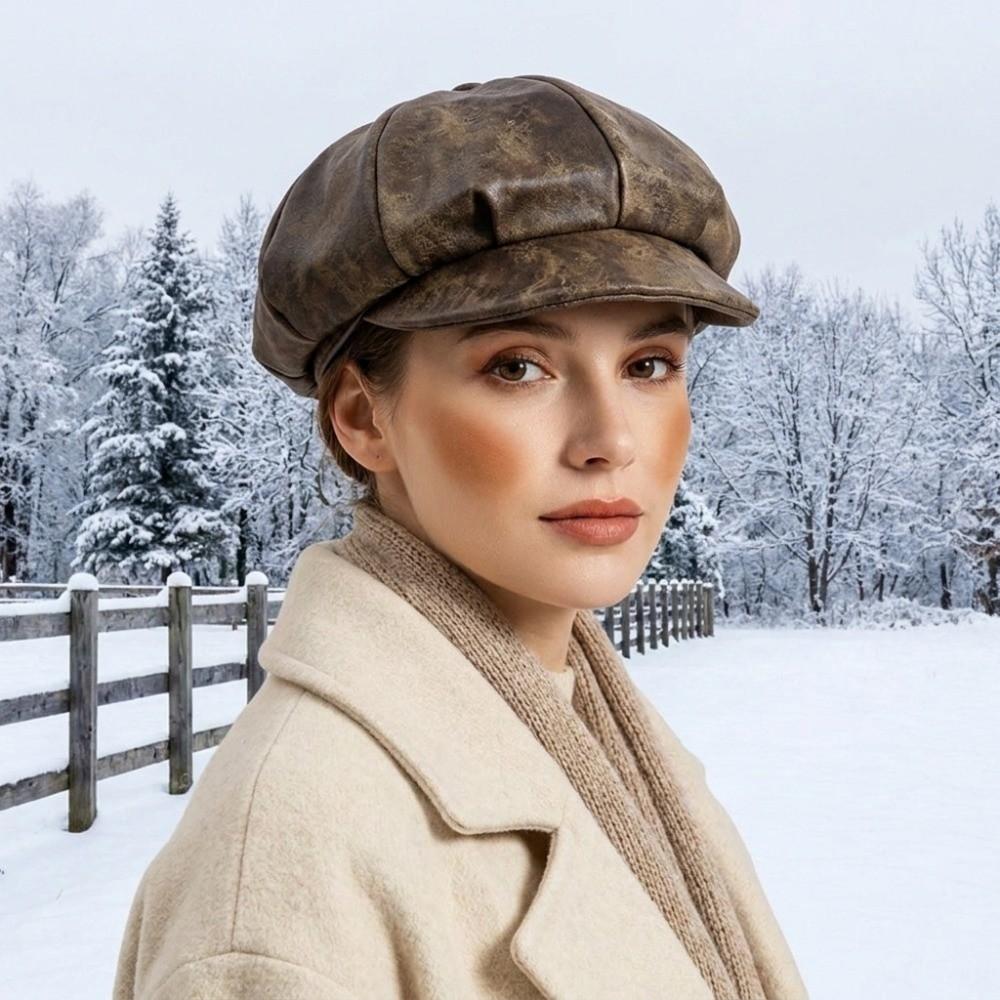 Octagonal Cap Pu Leather Beret British Style Painter Hat Elegant Artist Cap Women