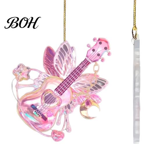 Festival Decorative Ornaments Pink Guitar Butterfly Ornament, Acrylic Music Hanging Decor with Rose Holiday Baubles And Quote, Christmas Tree Pendant,