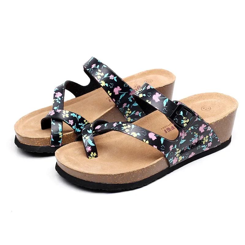 Fashion Hot Sell Women Sandals Flats Cork Slippers Casual Shoes Print Mixed Colors Slides Beach Cork Flip Flop Plus Size 35-42